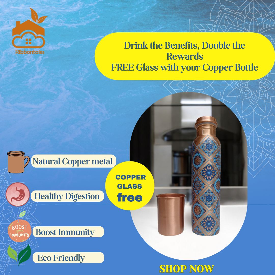 NATURAL COPPER BOTTLE MEENA PRINTED| Free 1 Copper Glass